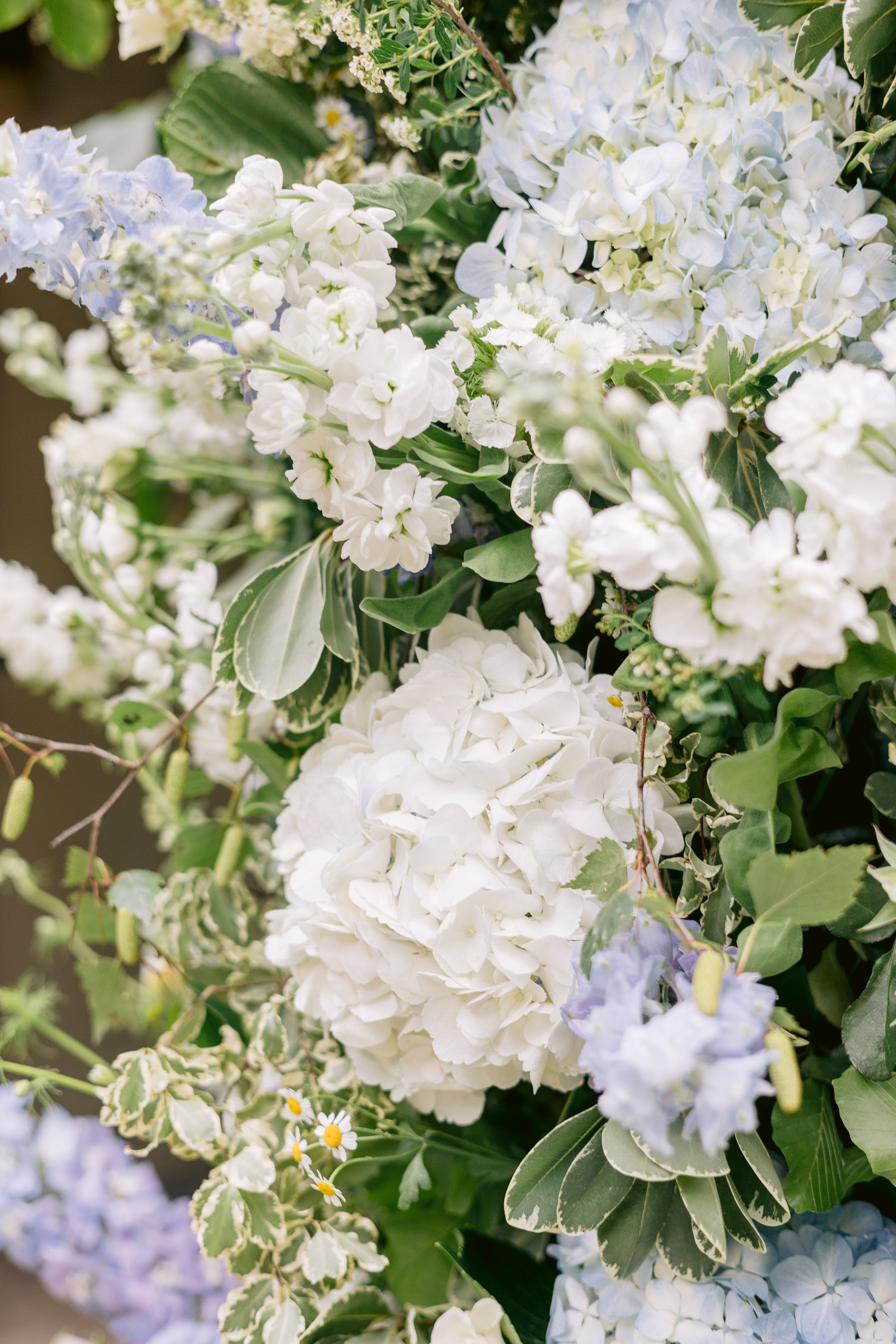 Blue and white floral detail, Lucia and Alex's marquee wedding in Rutland