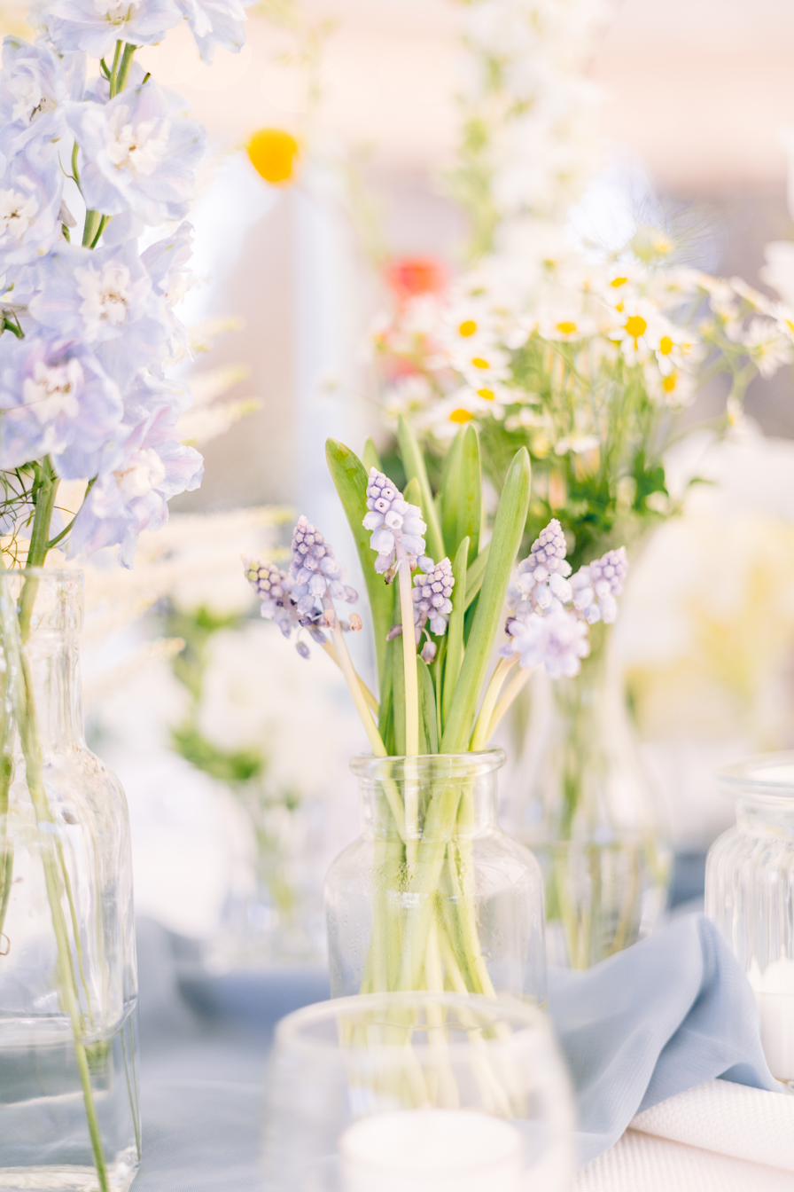 Muscari bud vase and blue linen napkin detail, Rutland wedding