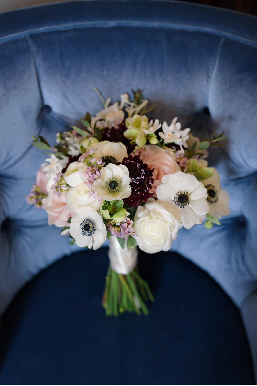 Anemone and ranunculus bouquet close-up, Lincolnshire wedding