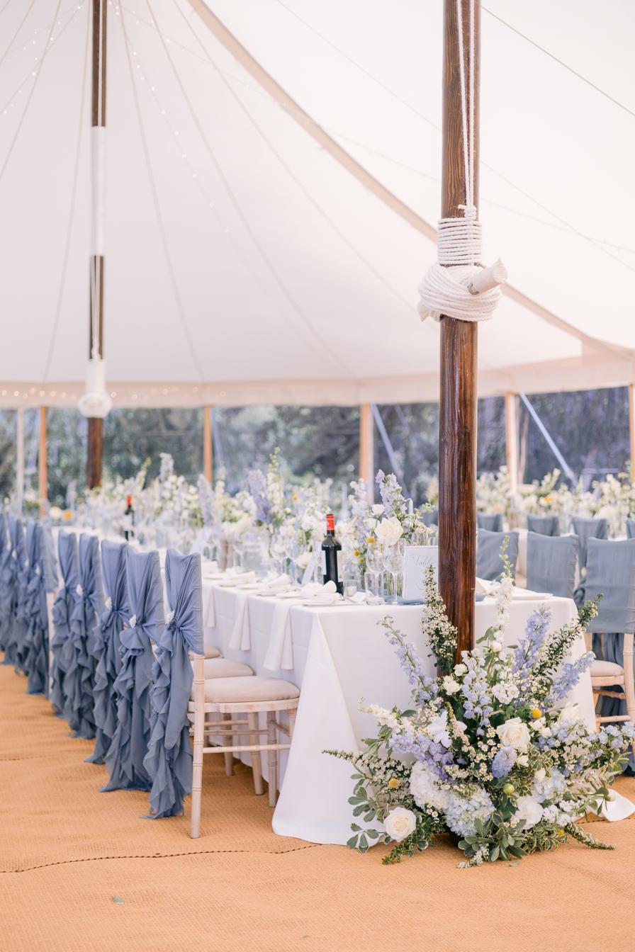 Dusty blue marquee styling, Lucia and Alex's marquee wedding in Rutland