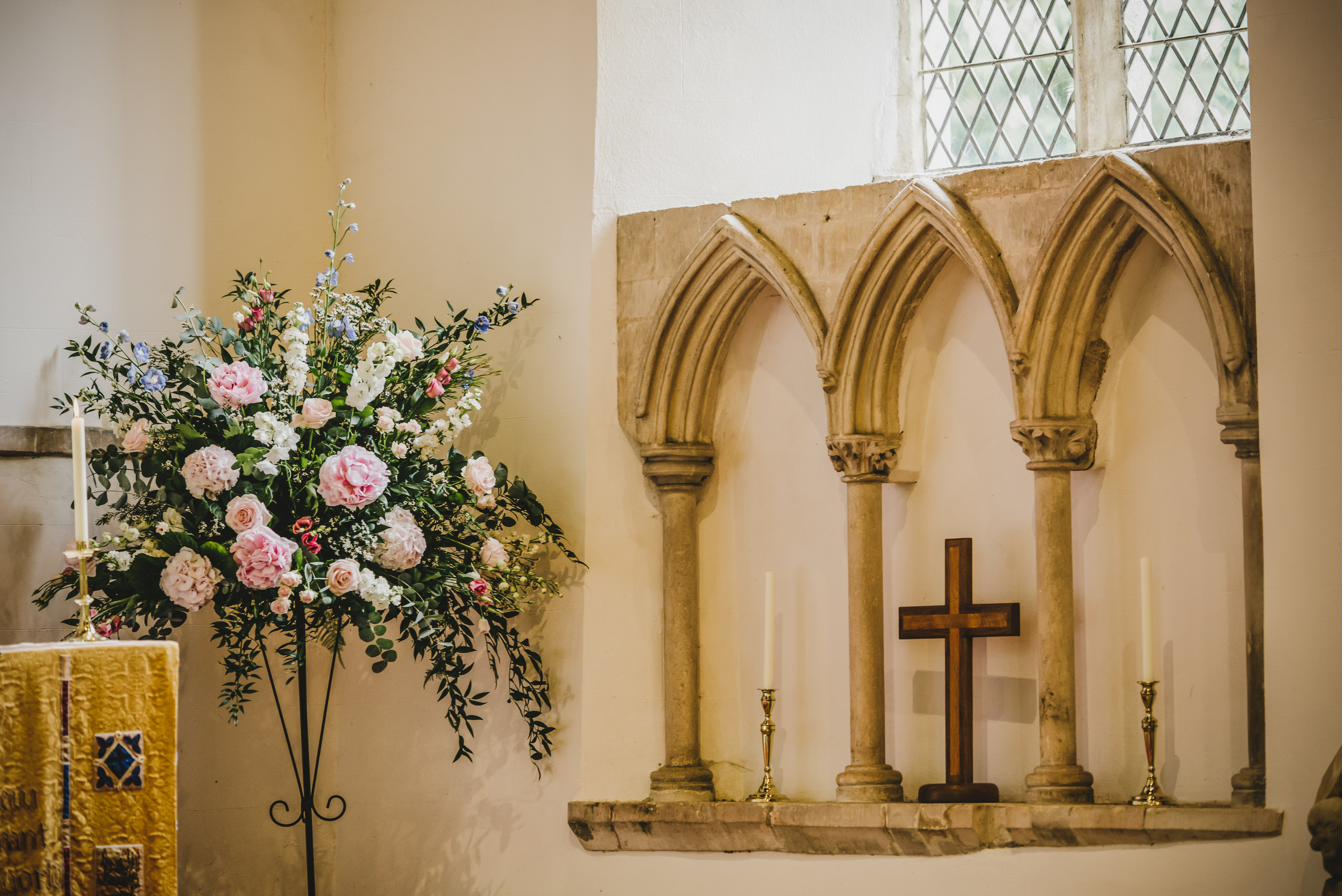 Church pedestal arrangement, Lincolnshire wedding