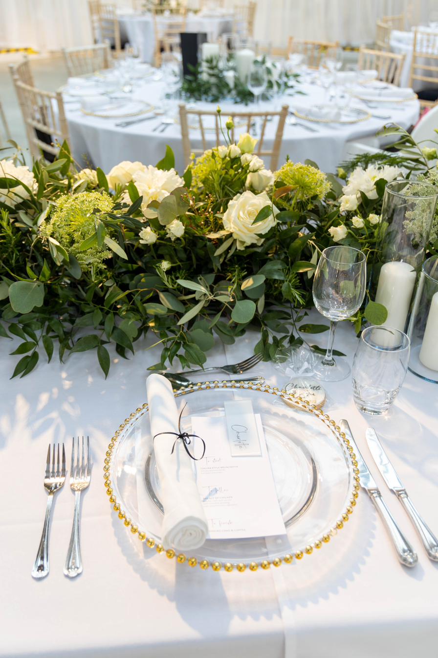 Green and white table setting, Cambridgeshire wedding
