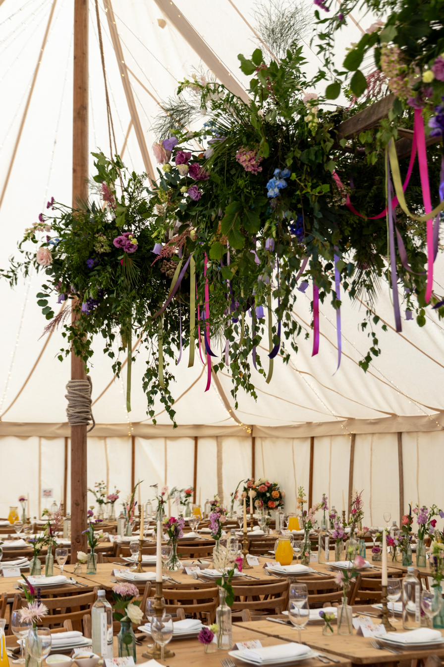 Hanging floral installation with ribbons, Rutland wedding