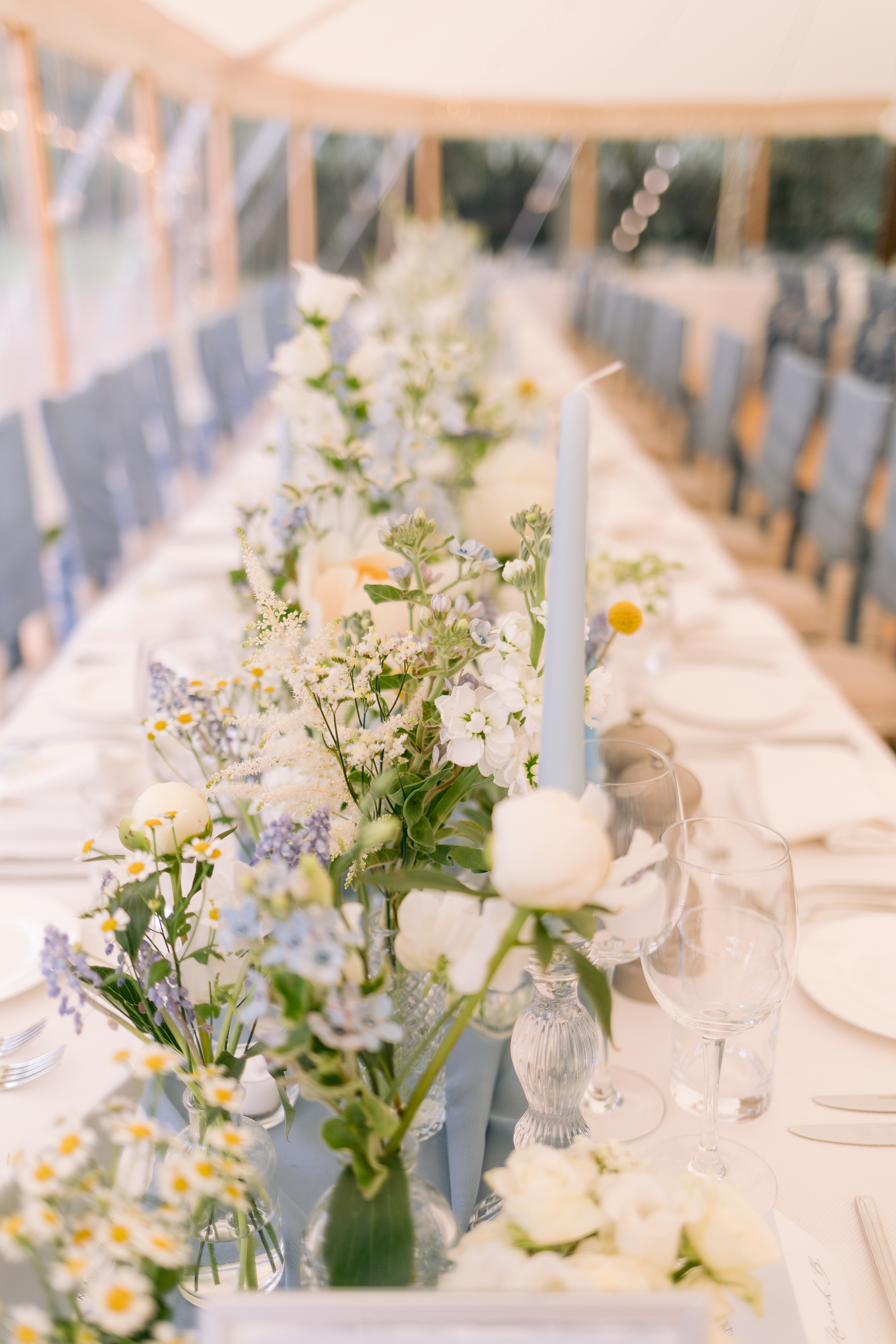 Meadow style long table flowers, Rutland wedding
